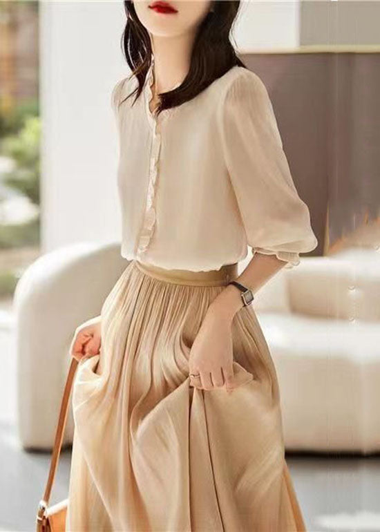 Art Apricot Ruffled Patchwork Chiffon Shirt Top Spring LY1477 - fabuloryshop