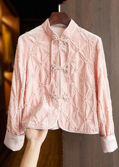 Art Apricot Stand Collar Floral Button Silk Velour Tops Fall Ada Fashion