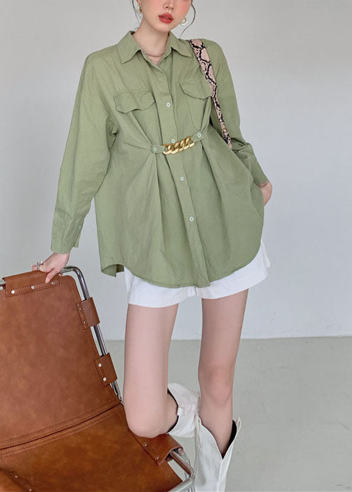 Art Army Green Wrinkled Patchwork Cotton Shirt Tops Spring LY0781 - fabuloryshop