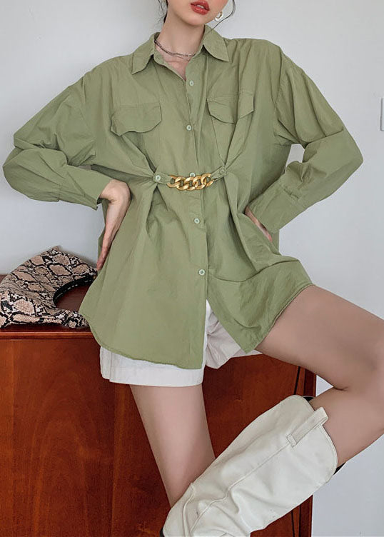 Art Army Green Wrinkled Patchwork Cotton Shirt Tops Spring LY0781 - fabuloryshop