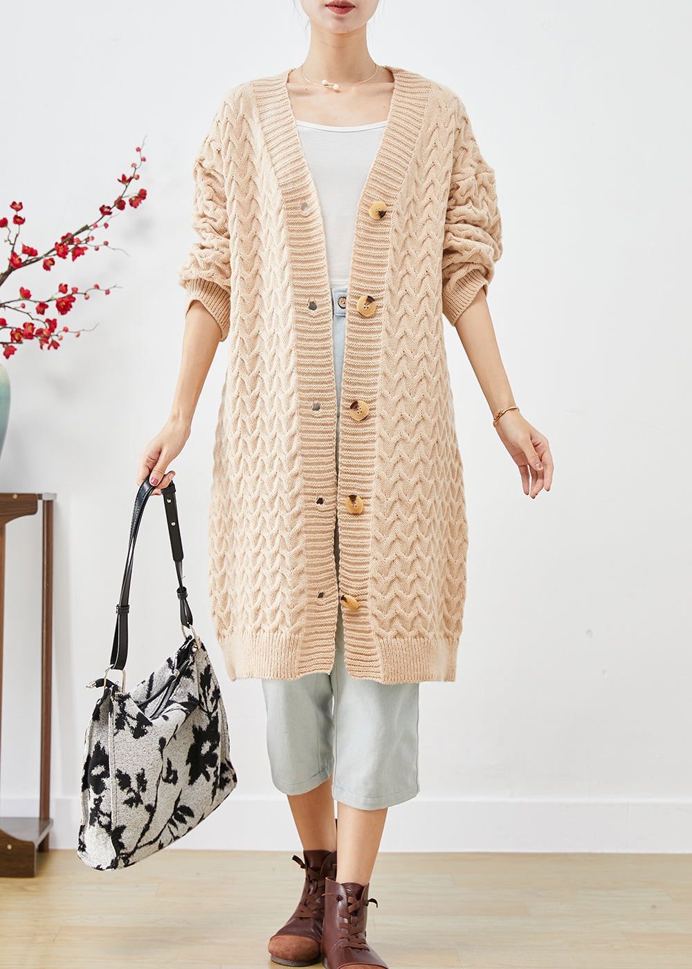 Art Beige Button Down Warm Cable Knit Loose Coat Fall Ada Fashion