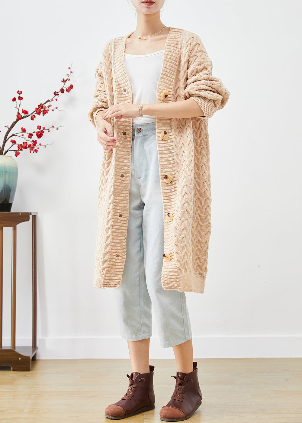 Art Beige Button Down Warm Cable Knit Loose Coat Fall Ada Fashion