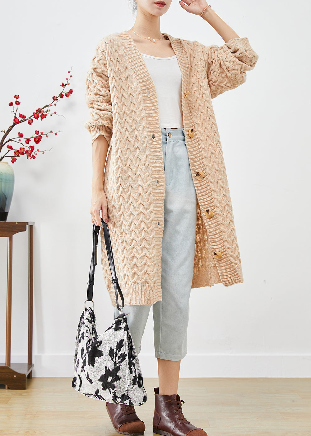 Art Beige Button Down Warm Cable Knit Loose Coat Fall Ada Fashion