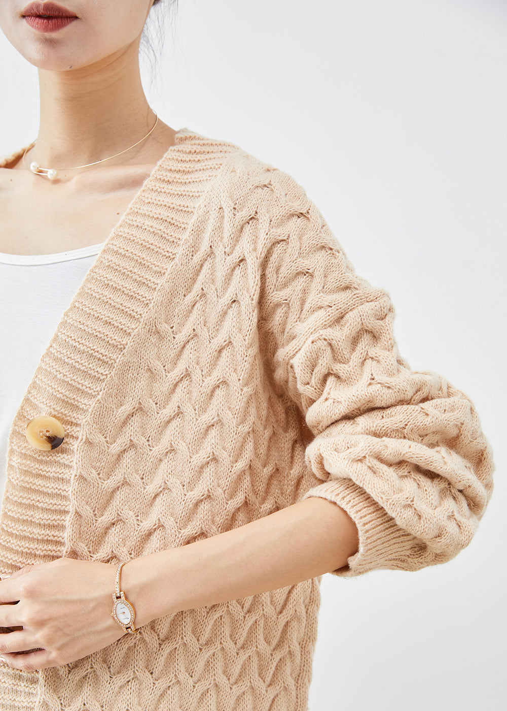 Art Beige Button Down Warm Cable Knit Loose Coat Fall Ada Fashion