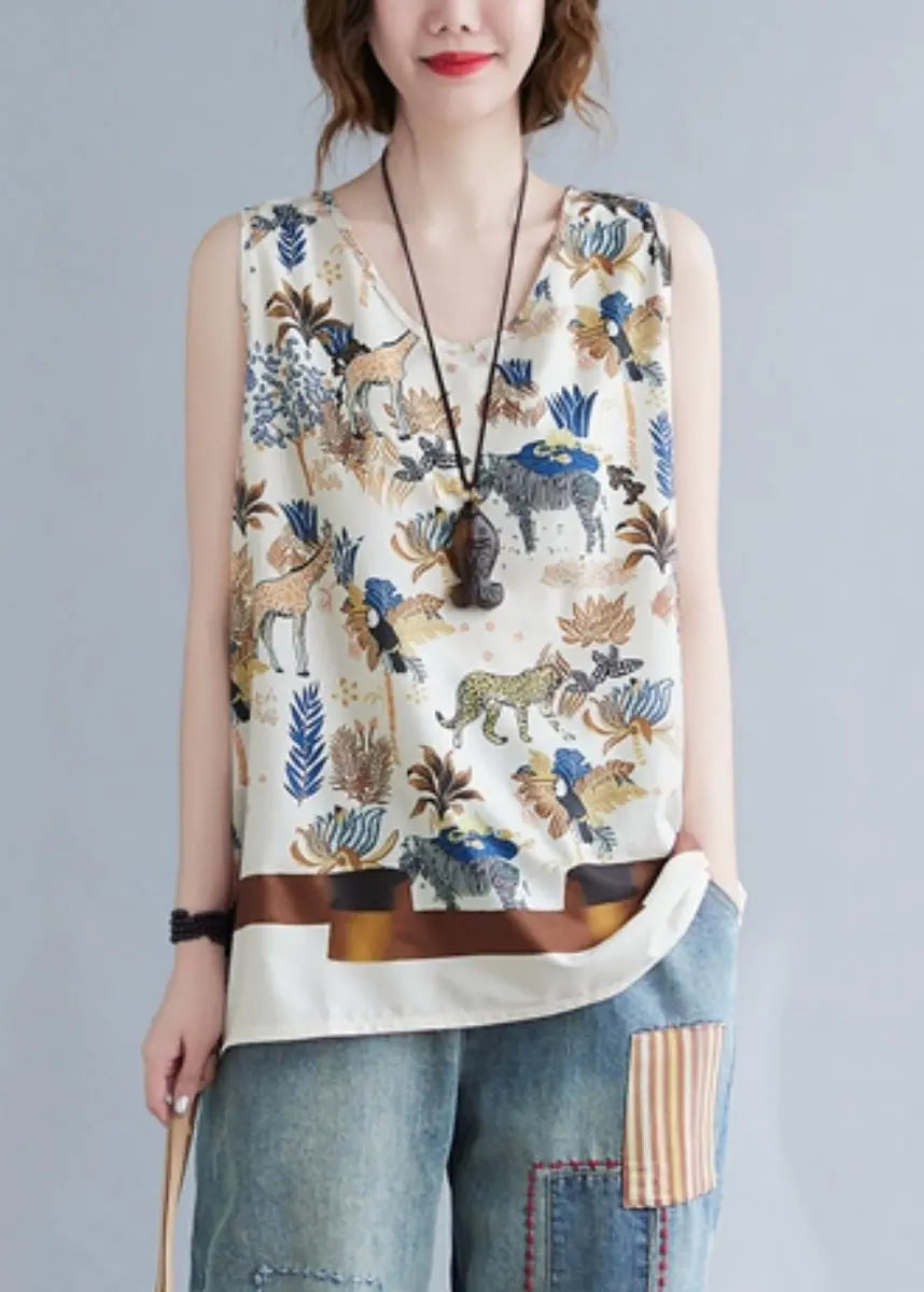 Art Beige V Neck Print Cotton Beach Vest Sleeveless Ada Fashion