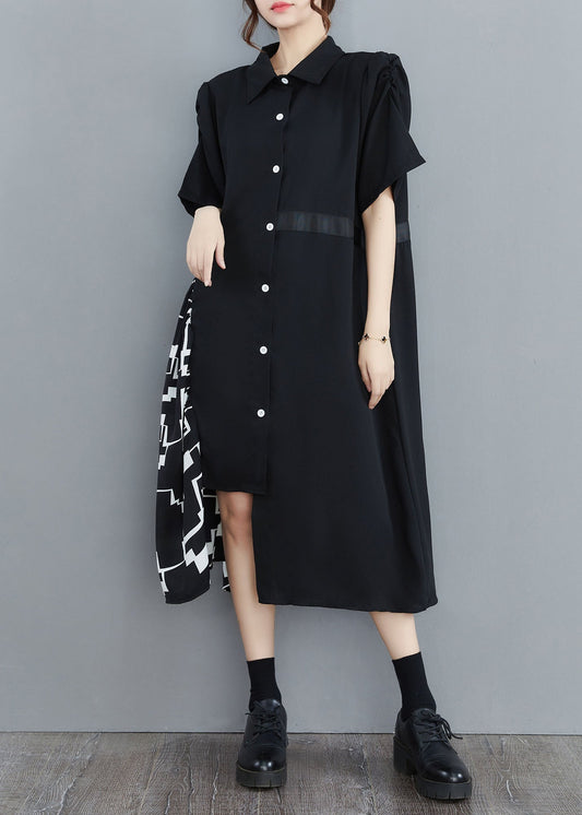 Art Black Asymmetrical Patchwork Cotton Shirt Dress Summer LY1543 - fabuloryshop