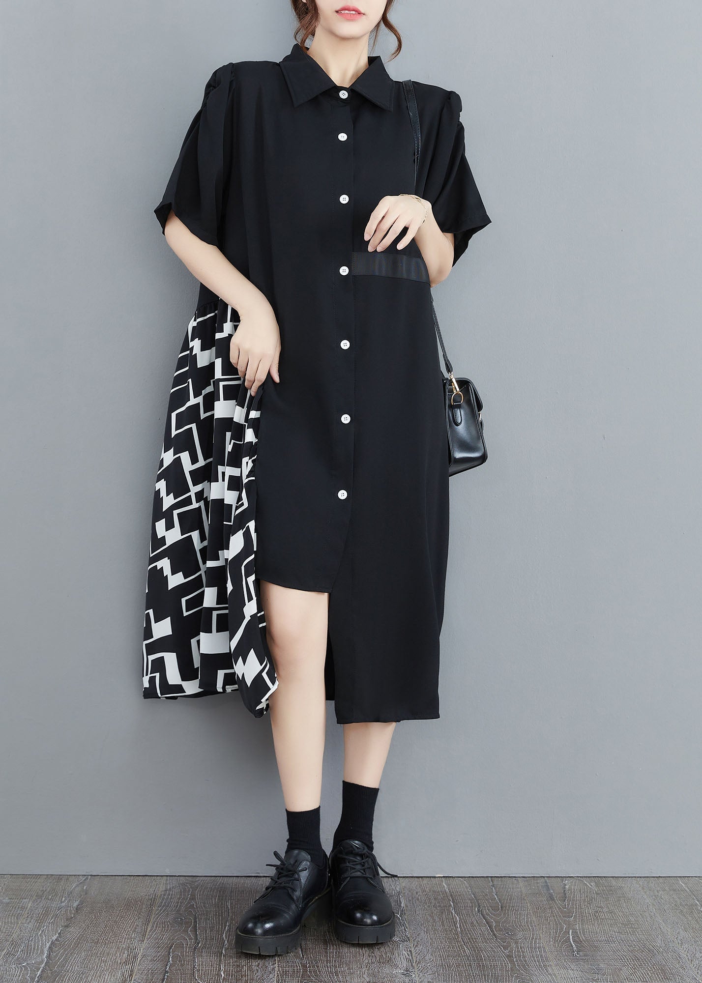 Art Black Asymmetrical Patchwork Cotton Shirt Dress Summer LY1543 - fabuloryshop