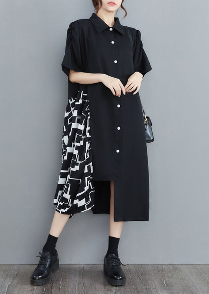 Art Black Asymmetrical Patchwork Cotton Shirt Dress Summer LY1543 - fabuloryshop