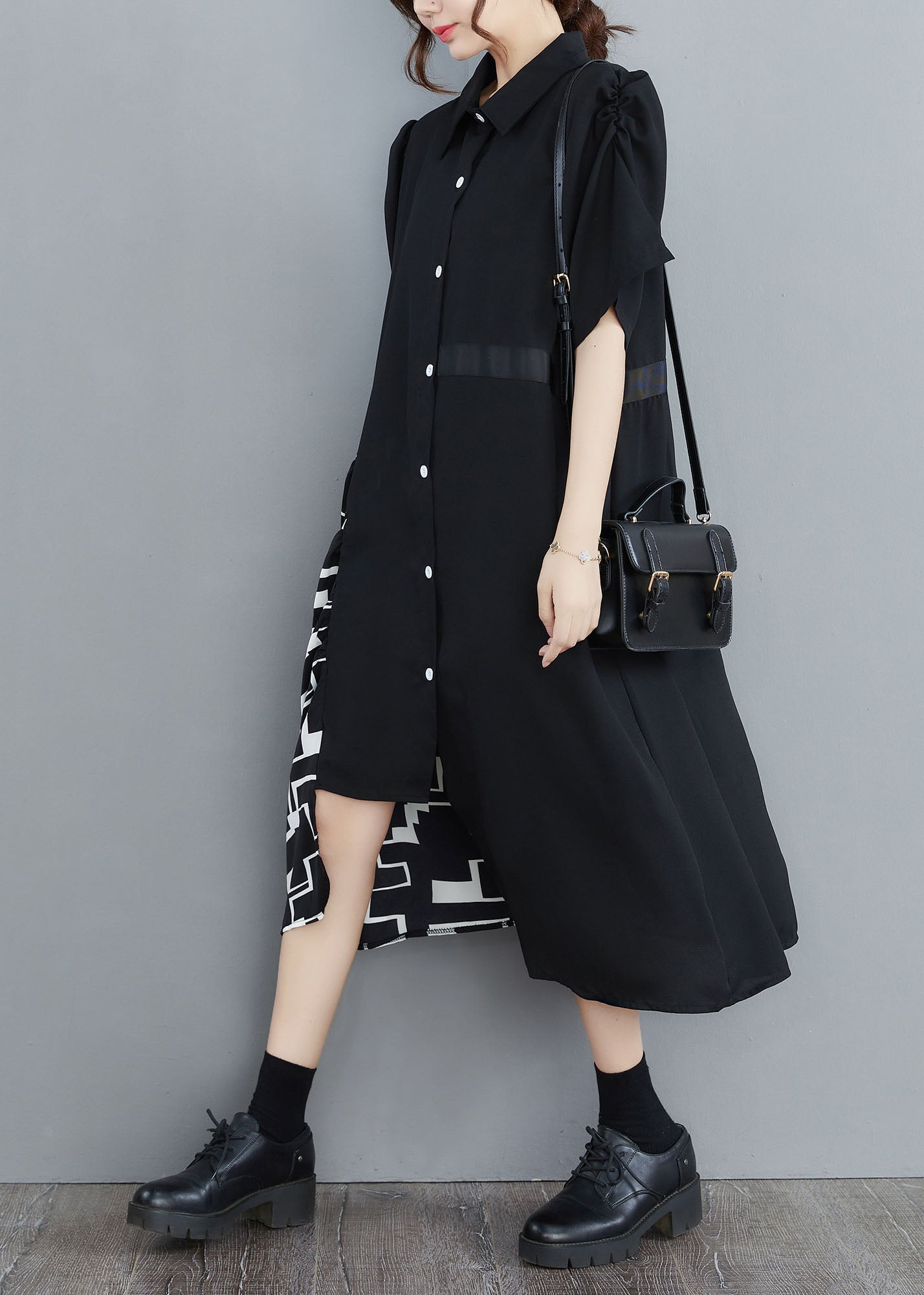 Art Black Asymmetrical Patchwork Cotton Shirt Dress Summer LY1543 - fabuloryshop