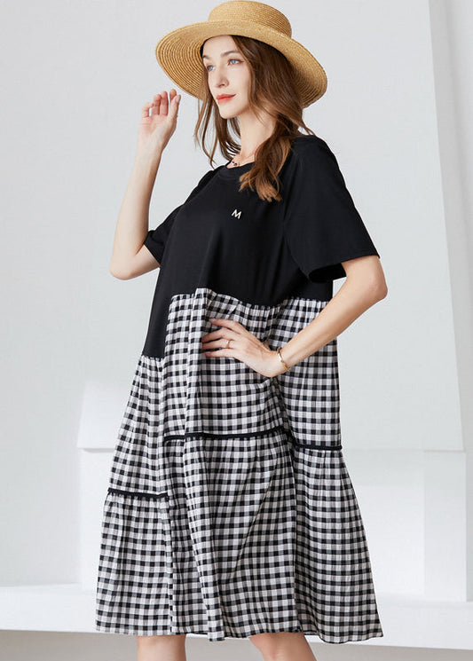 Art Black Asymmetrical Patchwork Plaid Cotton Dresses Summer LY0339 - fabuloryshop
