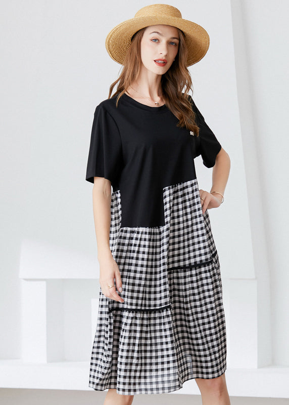 Art Black Asymmetrical Patchwork Plaid Cotton Dresses Summer LY0339 - fabuloryshop