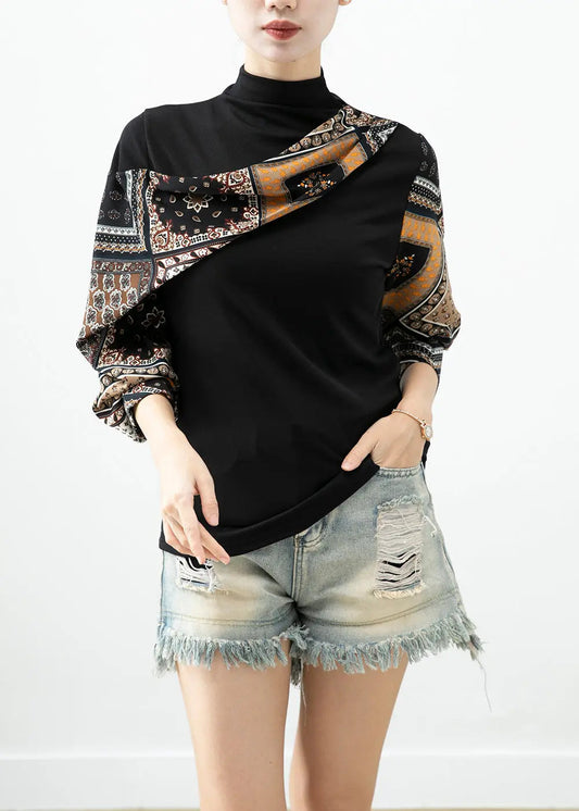 Art Black Asymmetrical Patchwork Print Cotton Blouses Batwing Sleeve Ada Fashion