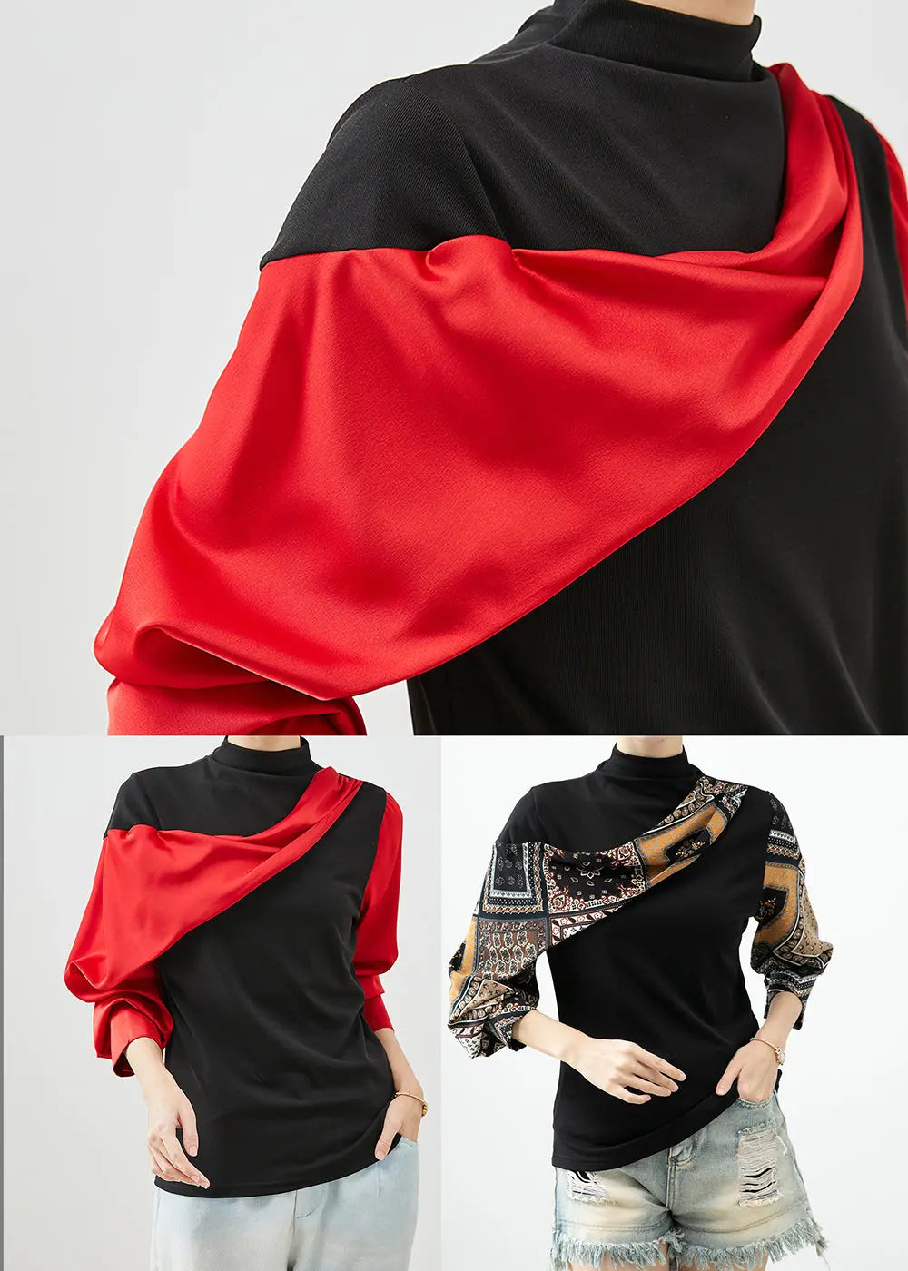 Art Black Asymmetrical Patchwork Print Cotton Blouses Batwing Sleeve Ada Fashion