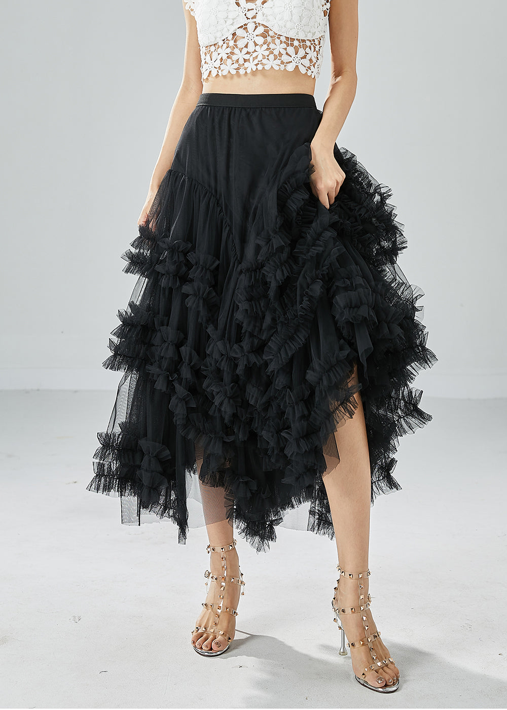 Art Black Asymmetrical Patchwork Ruffled Tulle Beach Skirts Summer LY6056 - fabuloryshop