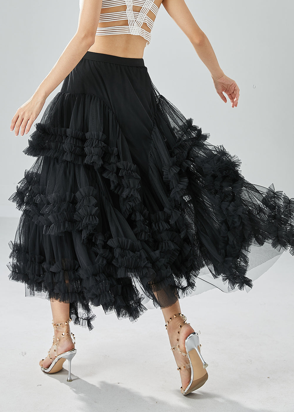 Art Black Asymmetrical Patchwork Ruffled Tulle Beach Skirts Summer LY6056 - fabuloryshop