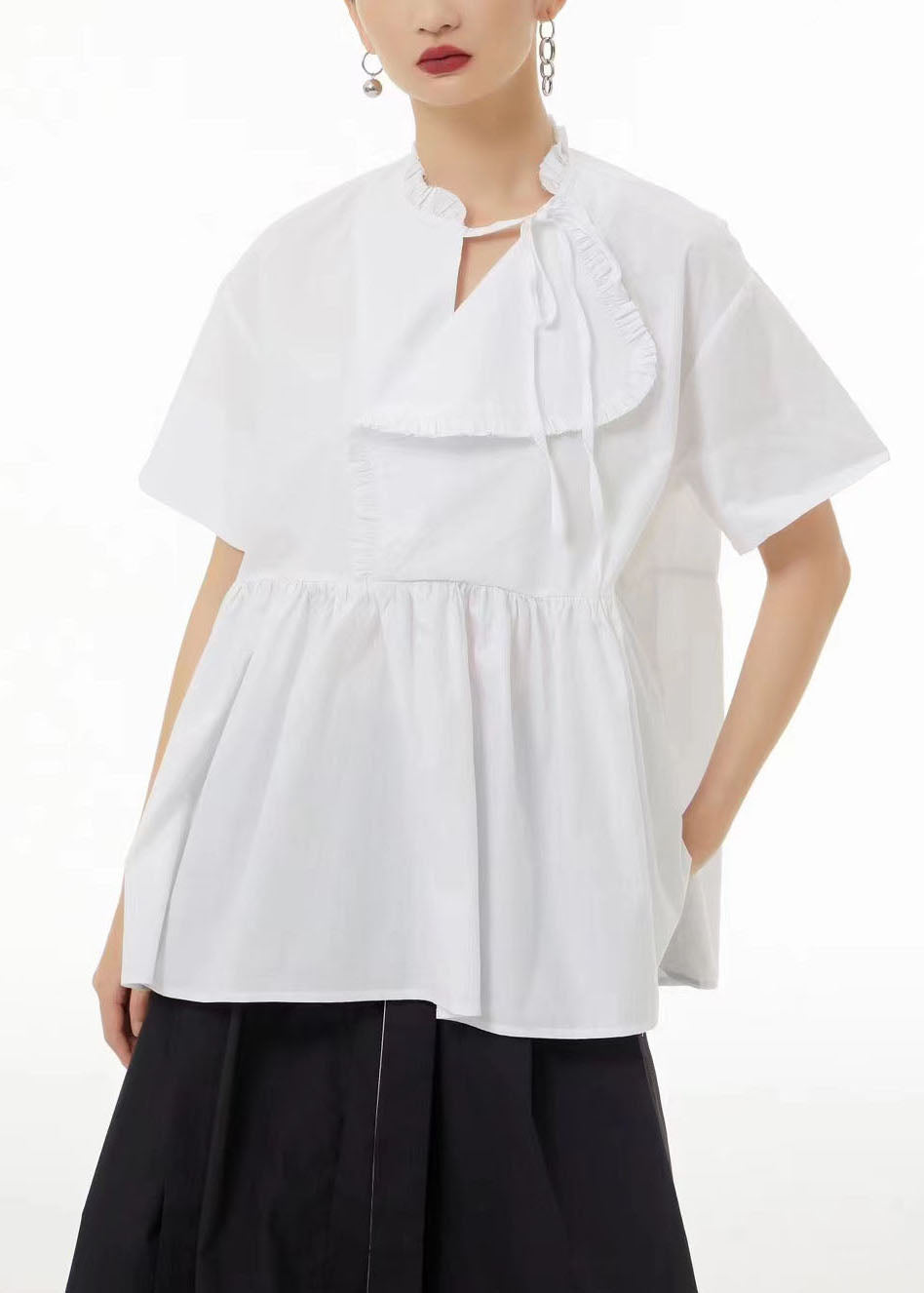 Art Black Asymmetrical Patchwork Wrinkled Cotton Shirt Tops Summer LC0112 - fabuloryshop