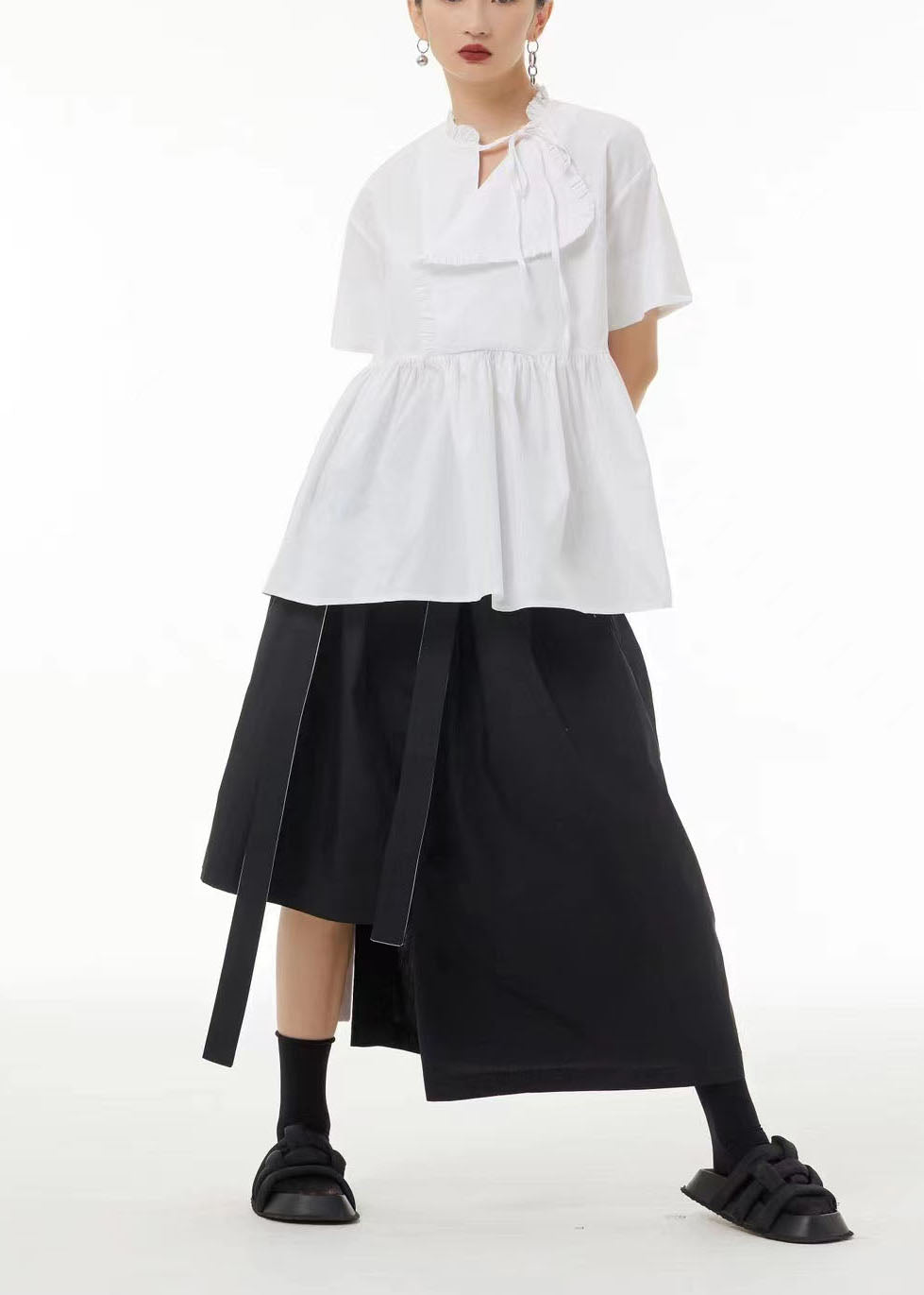 Art Black Asymmetrical Patchwork Wrinkled Cotton Shirt Tops Summer LC0112 - fabuloryshop