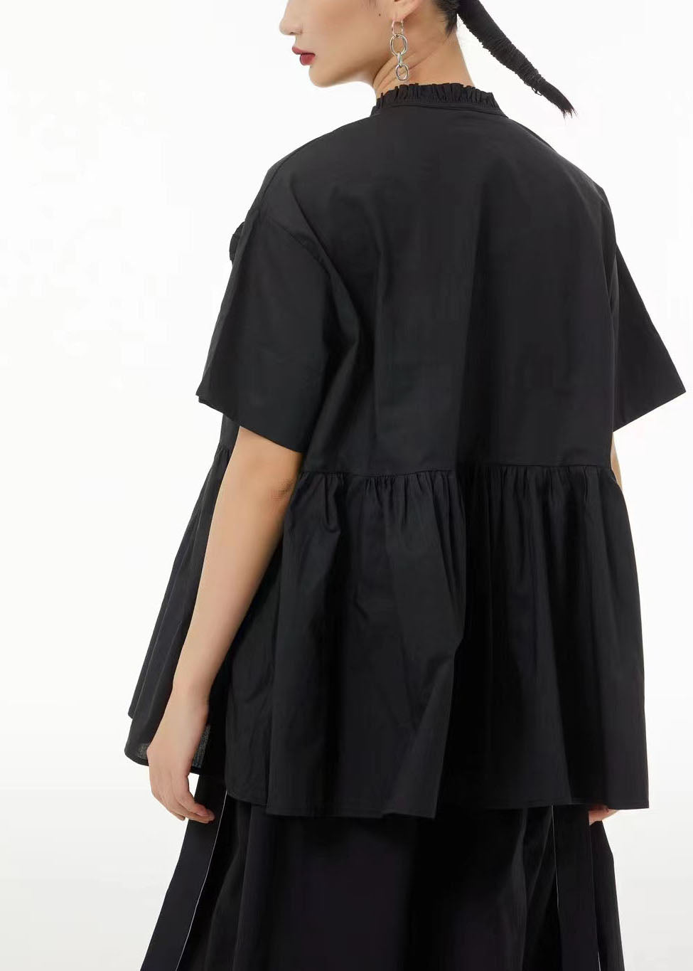 Art Black Asymmetrical Patchwork Wrinkled Cotton Shirt Tops Summer TS1064 - fabuloryshop