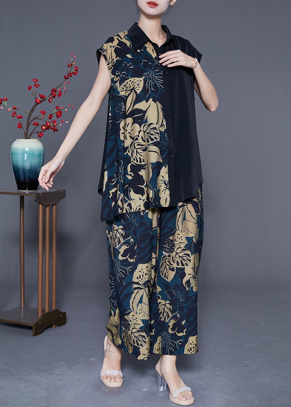 Art Black Asymmetrical Print Chiffon Two Pieces Set Summer LY4821 - fabuloryshop