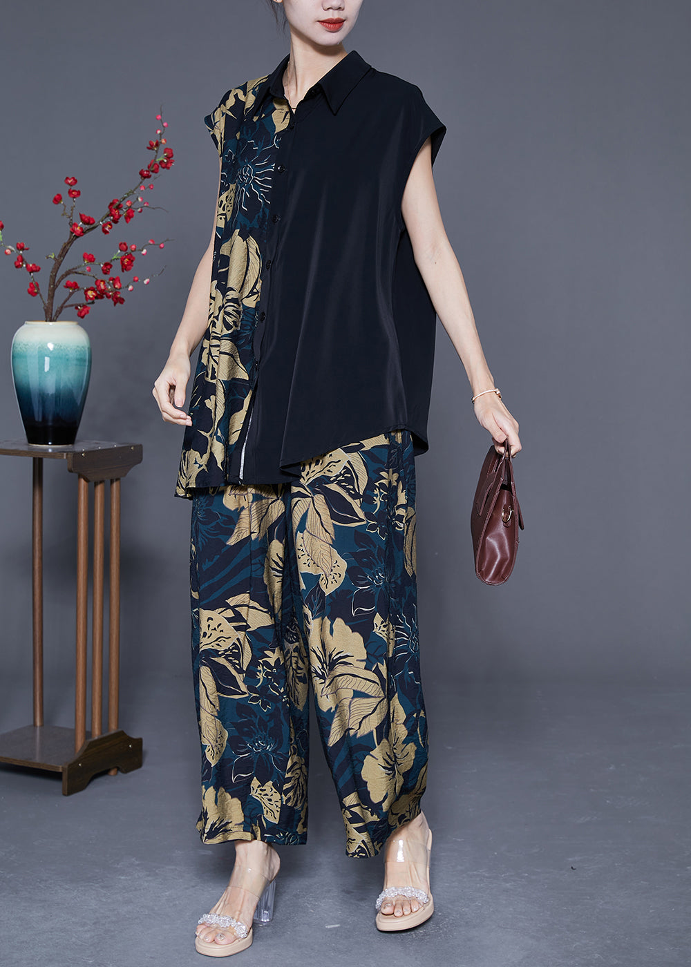 Art Black Asymmetrical Print Chiffon Two Pieces Set Summer LY4821 - fabuloryshop