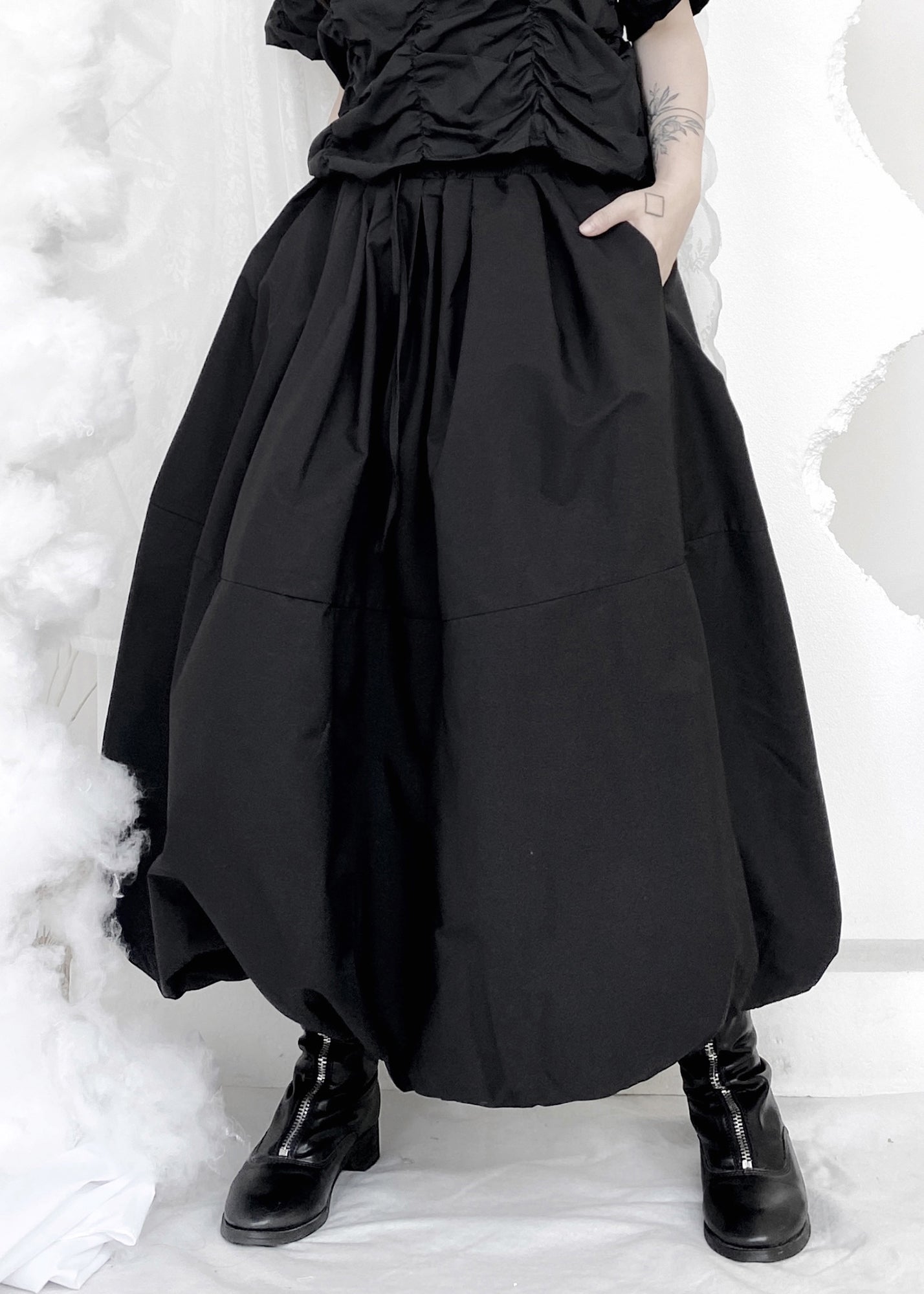 Art Black Elastic Waist Pockets Cotton Lantern Skirt Fall Ada Fashion