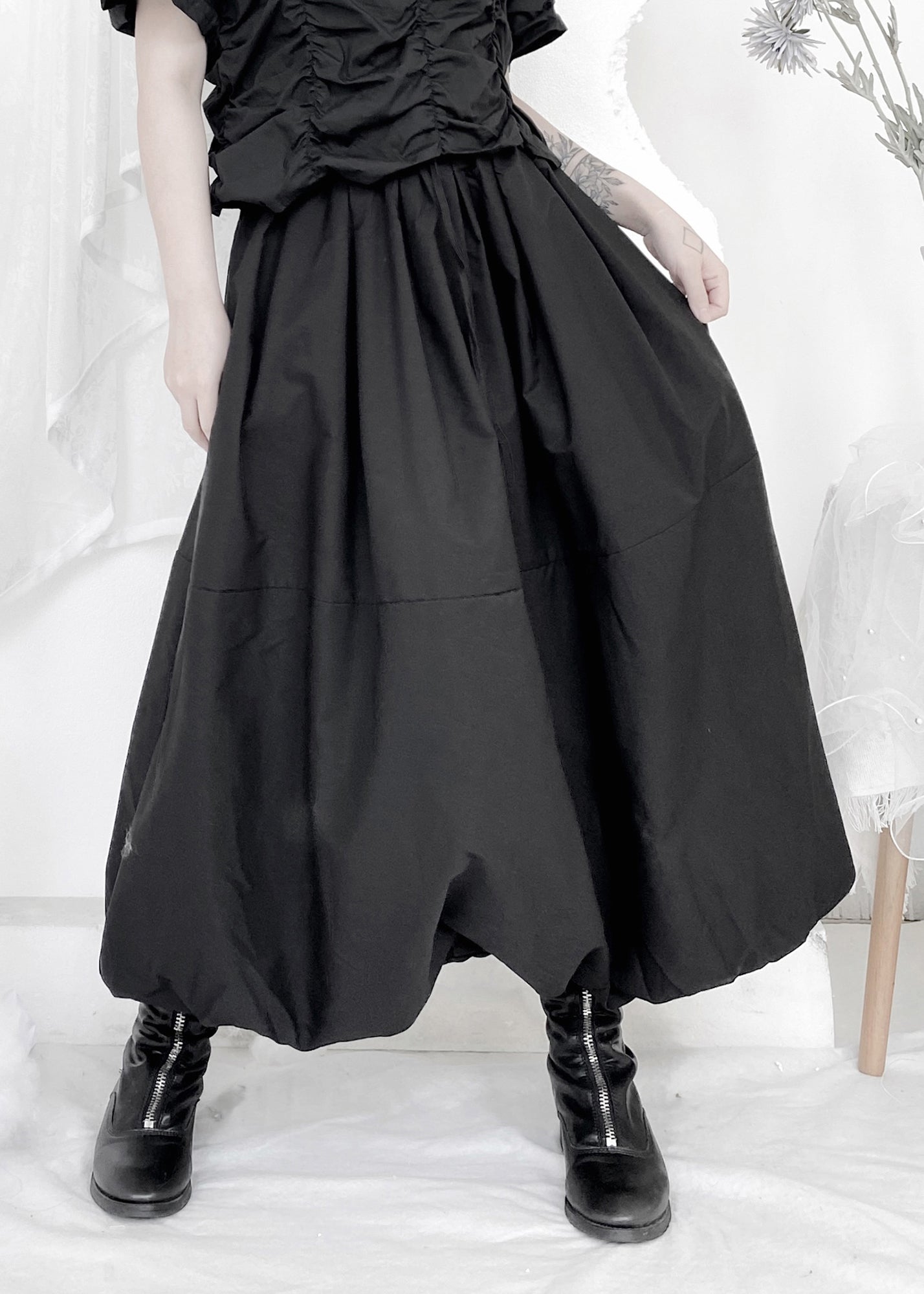 Art Black Elastic Waist Pockets Cotton Lantern Skirt Fall Ada Fashion