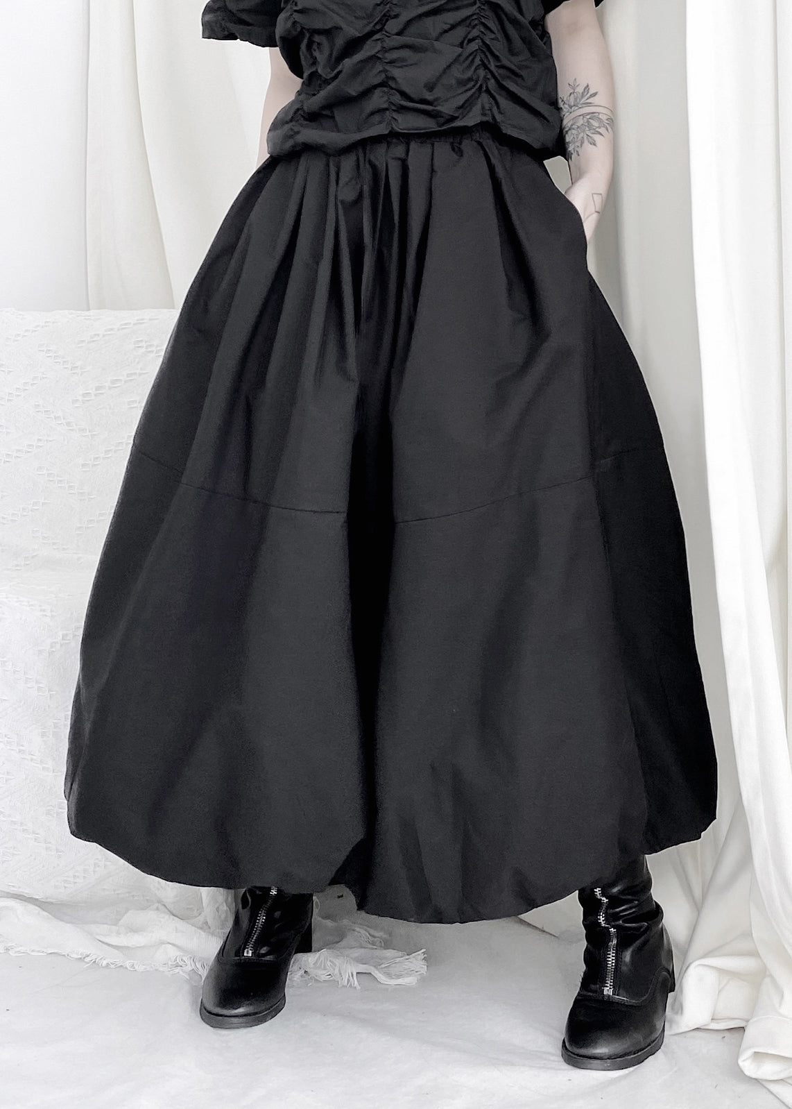 Art Black Elastic Waist Pockets Cotton Lantern Skirt Fall Ada Fashion