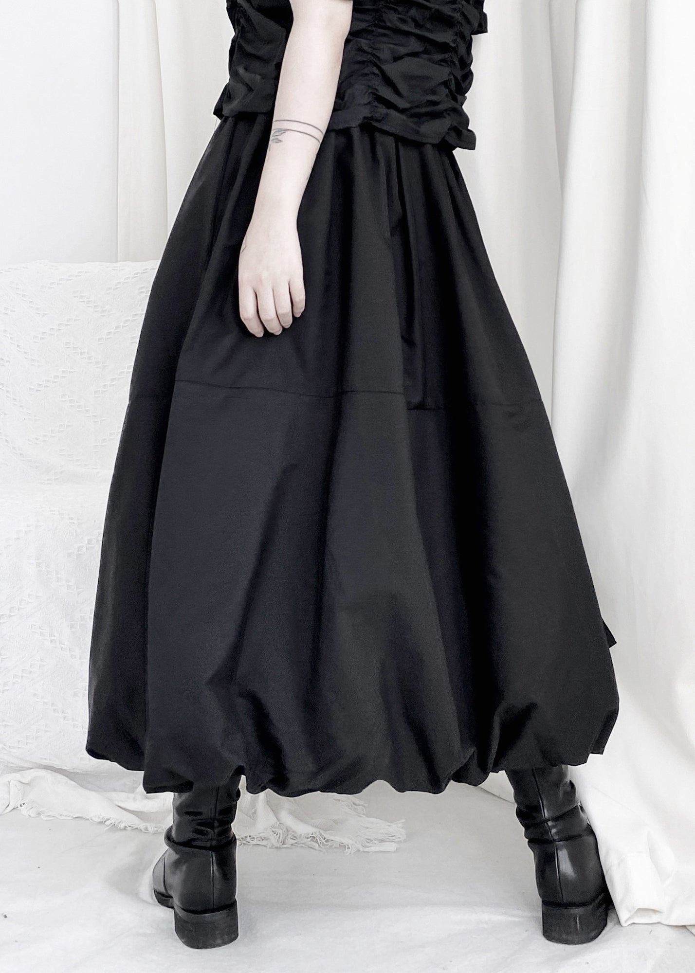 Art Black Elastic Waist Pockets Cotton Lantern Skirt Fall Ada Fashion