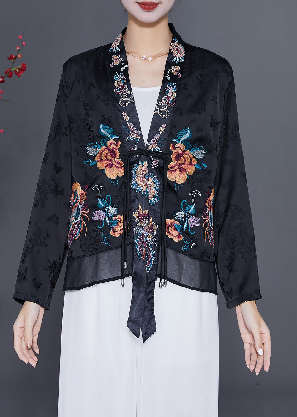 Art Black Embroideried Chinese Button Tassel Silk Cardigan Fall LY7692