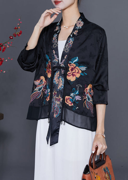 Art Black Embroideried Chinese Button Tassel Silk Cardigan Fall LY7692