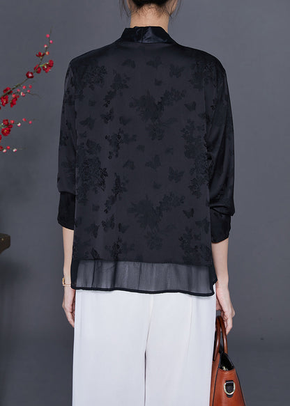 Art Black Embroideried Chinese Button Tassel Silk Cardigan Fall LY7692