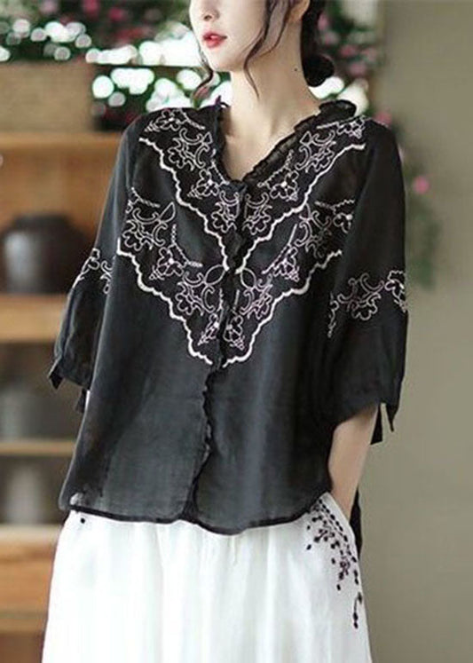 Art Black Embroideried Patchwork Linen Tops Summer LY0233 - fabuloryshop