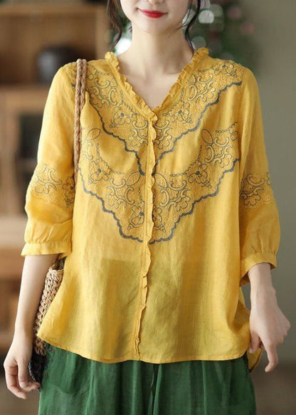 Art Black Embroideried Patchwork Linen Tops Summer LY0233 - fabuloryshop