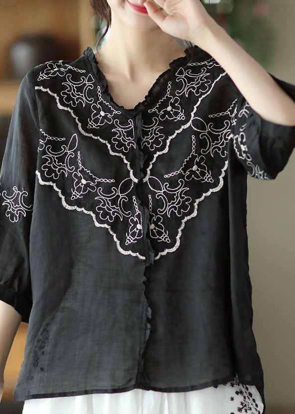 Art Black Embroideried Patchwork Linen Tops Summer LY0233 - fabuloryshop