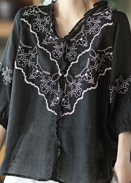 Art Black Embroideried Patchwork Linen Tops Summer LY0233 - fabuloryshop