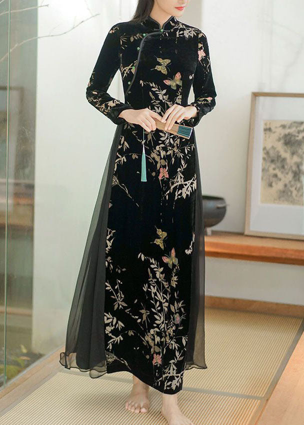 Art Black Embroideried Side Open Silk Velour Ankle Dress Spring LY1668 - fabuloryshop