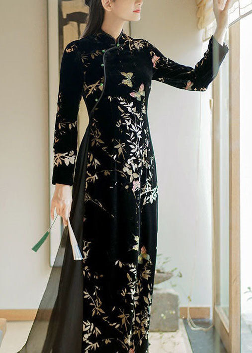 Art Black Embroideried Side Open Silk Velour Ankle Dress Spring LC0293 - fabuloryshop