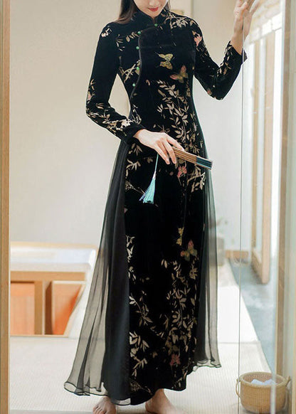 Art Black Embroideried Side Open Silk Velour Ankle Dress Spring LC0293 - fabuloryshop