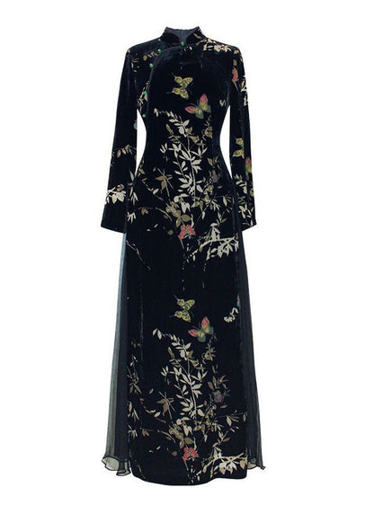 Art Black Embroideried Side Open Silk Velour Ankle Dress Spring LC0293 - fabuloryshop