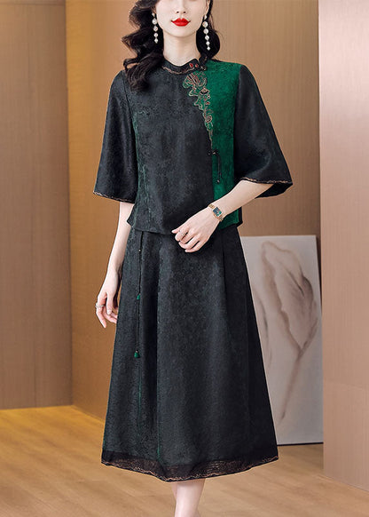 Art Black Embroideried Tops And Skirts Silk Two Piece Set Outfits Summer LC0265 - fabuloryshop