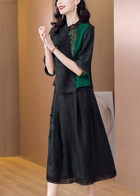 Art Black Embroideried Tops And Skirts Silk Two Piece Set Outfits Summer LC0265 - fabuloryshop