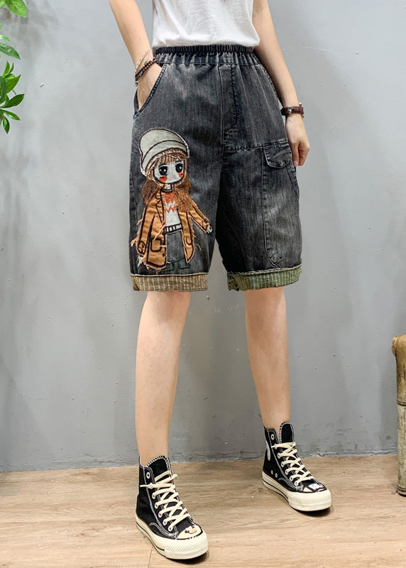 Art Black Grey Elastic Waist Cartoon Girl Denim Shorts Summer LY1274 - fabuloryshop