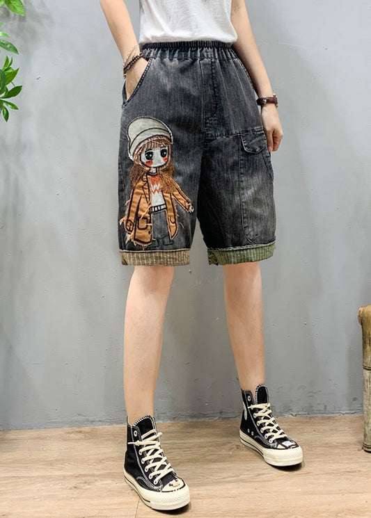 Art Black Grey Elastic Waist Cartoon Girl Denim Shorts Summer LY1274 - fabuloryshop