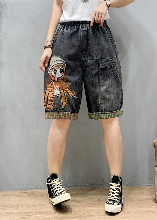 Art Black Grey Elastic Waist Cartoon Girl Denim Shorts Summer LY1274 - fabuloryshop