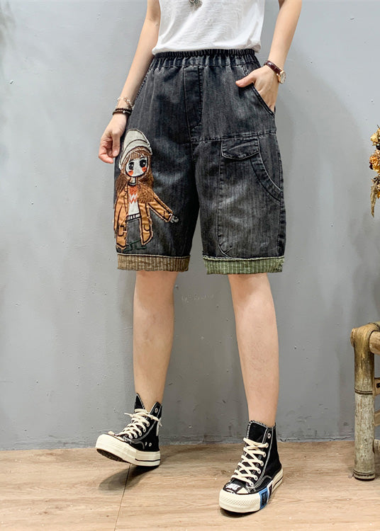 Art Black Grey Elastic Waist Cartoon Girl Denim Shorts Summer LY1274 - fabuloryshop