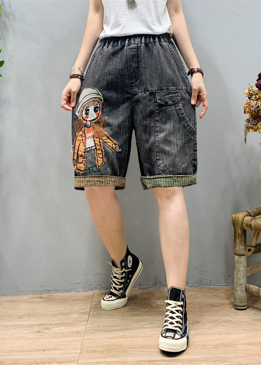 Art Black Grey Elastic Waist Cartoon Girl Denim Shorts Summer LY1274 - fabuloryshop