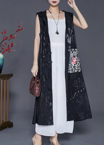 Art Black Hooded Embroideried Silk Long Vest Fall Ada Fashion