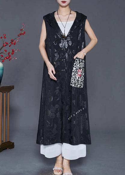 Art Black Hooded Embroideried Silk Long Vest Fall Ada Fashion