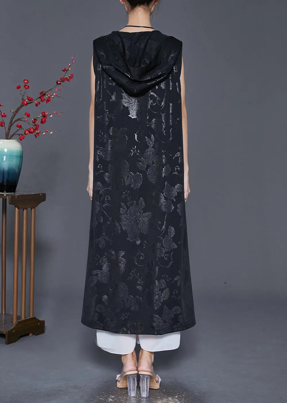 Art Black Hooded Embroideried Silk Long Vest Fall Ada Fashion