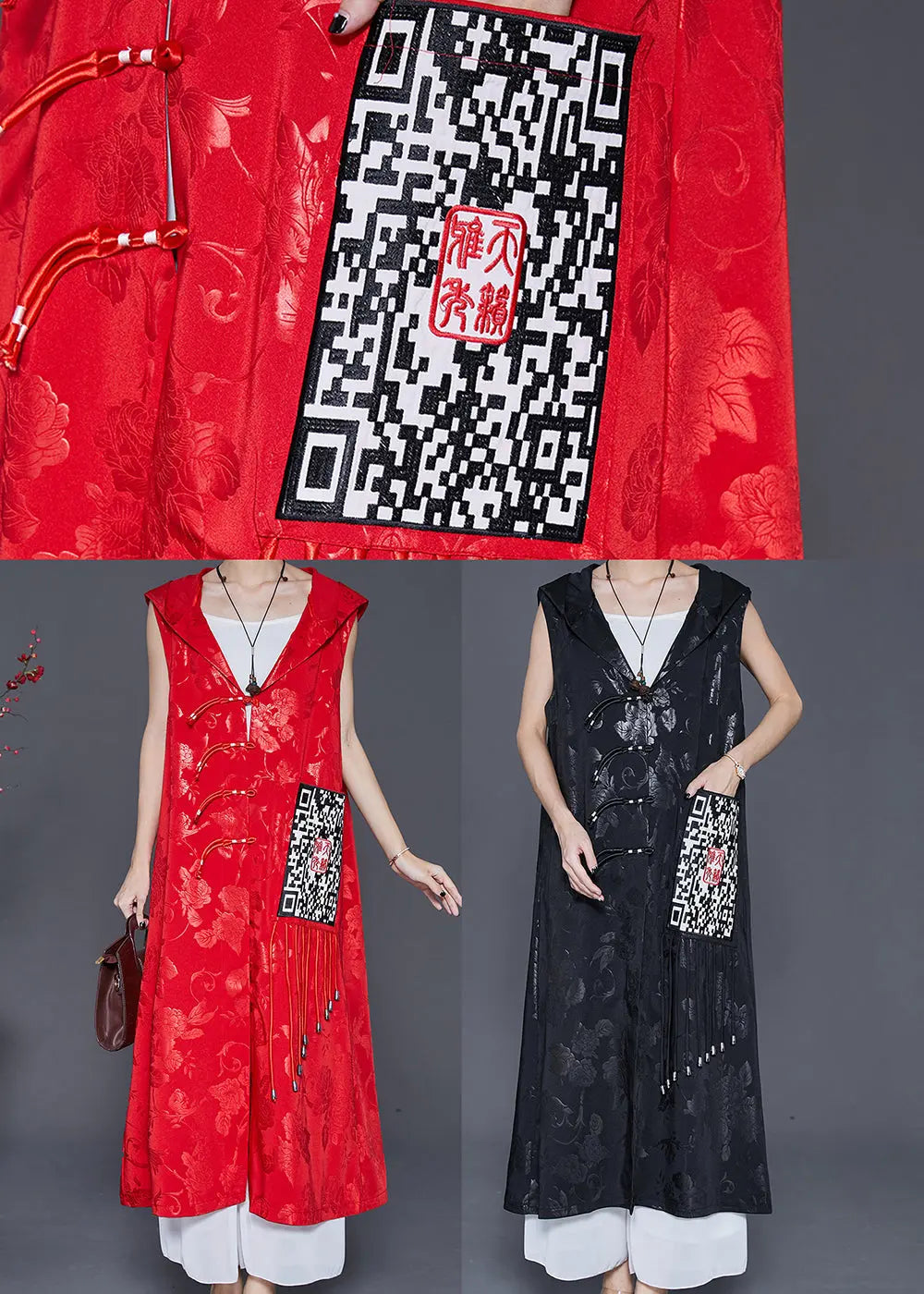 Art Black Hooded Embroideried Silk Long Vest Fall Ada Fashion